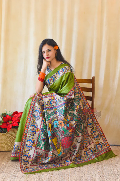 Madhubani Paints Handpainted Madhubani RADHA SANG KRISHNA Tussar Silk Saree - Image 3