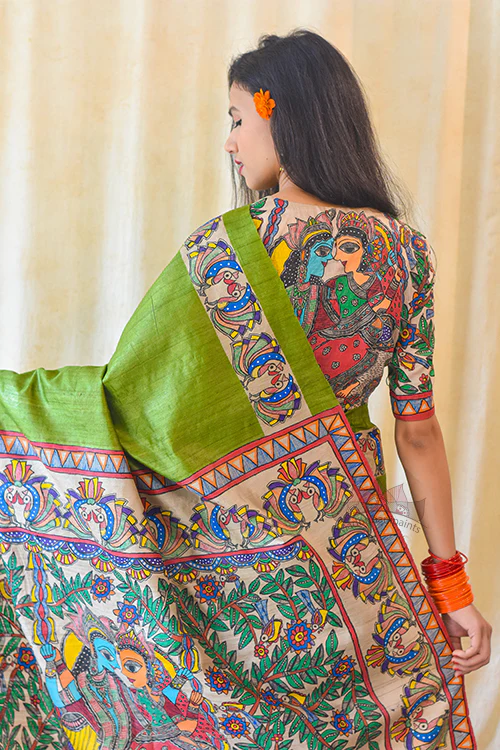 Madhubani Paints Handpainted Madhubani RADHA SANG KRISHNA Tussar Silk Saree - Image 4