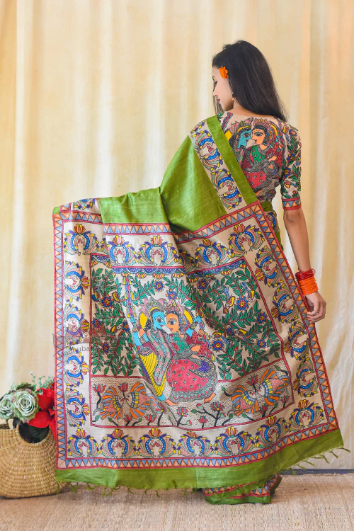 Madhubani Paints Handpainted Madhubani RADHA SANG KRISHNA Tussar Silk Saree - Image 5