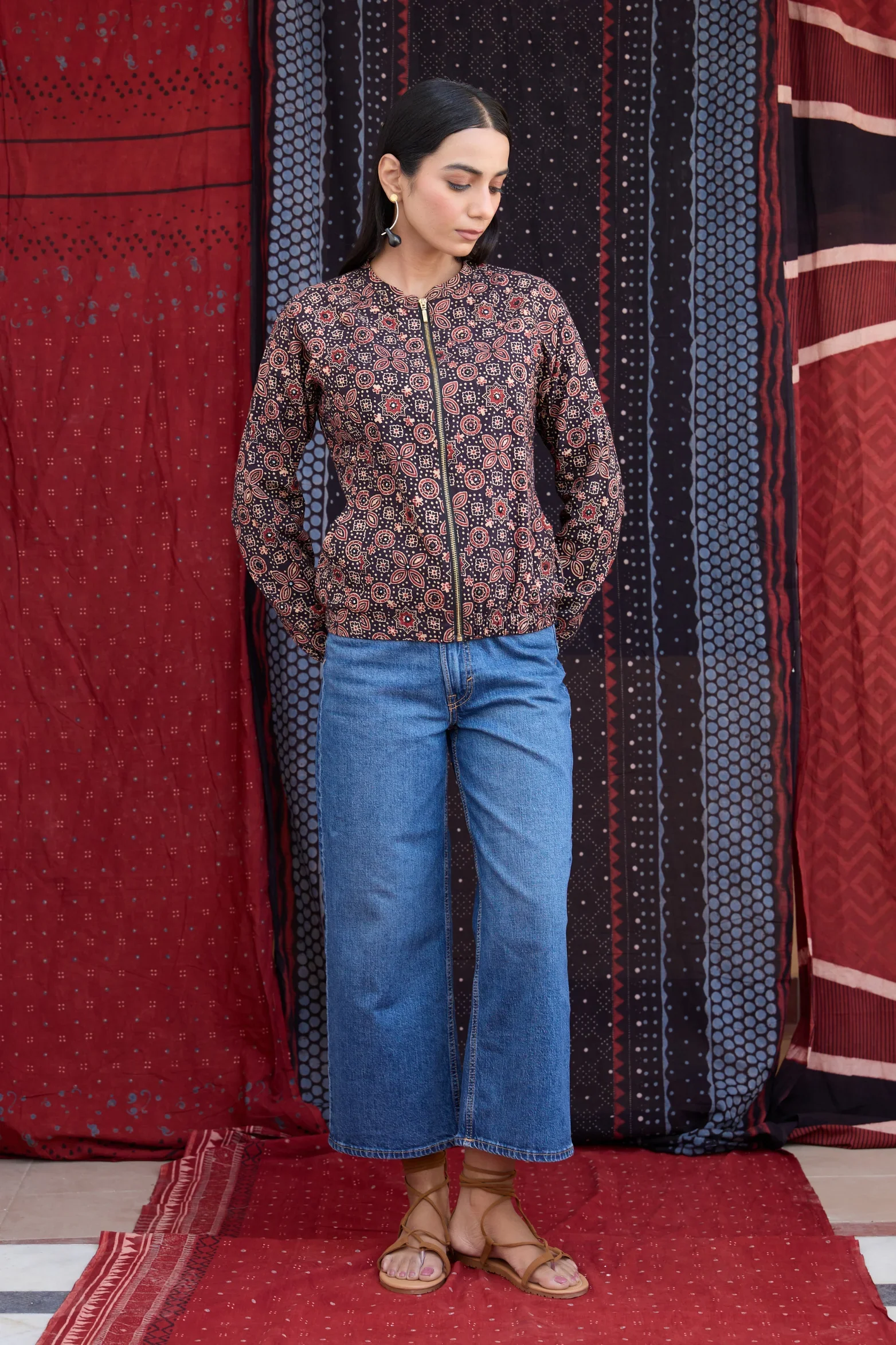 Okhai 'Raisin' Pure Cotton Ajrakh Handblock Printed Bomber Jacket - Image 3