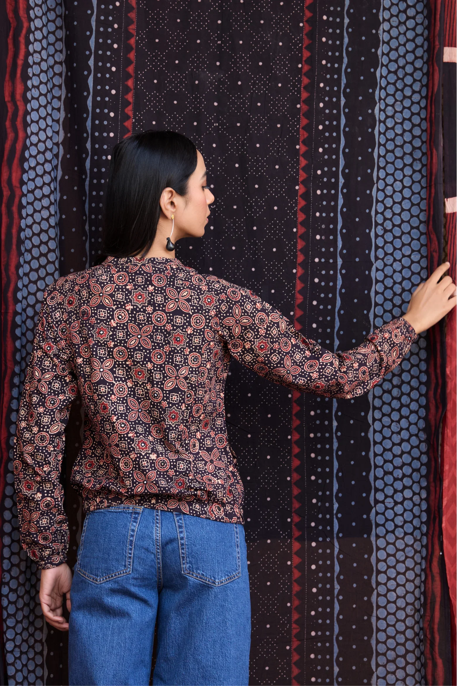 Okhai 'Raisin' Pure Cotton Ajrakh Handblock Printed Bomber Jacket - Image 4