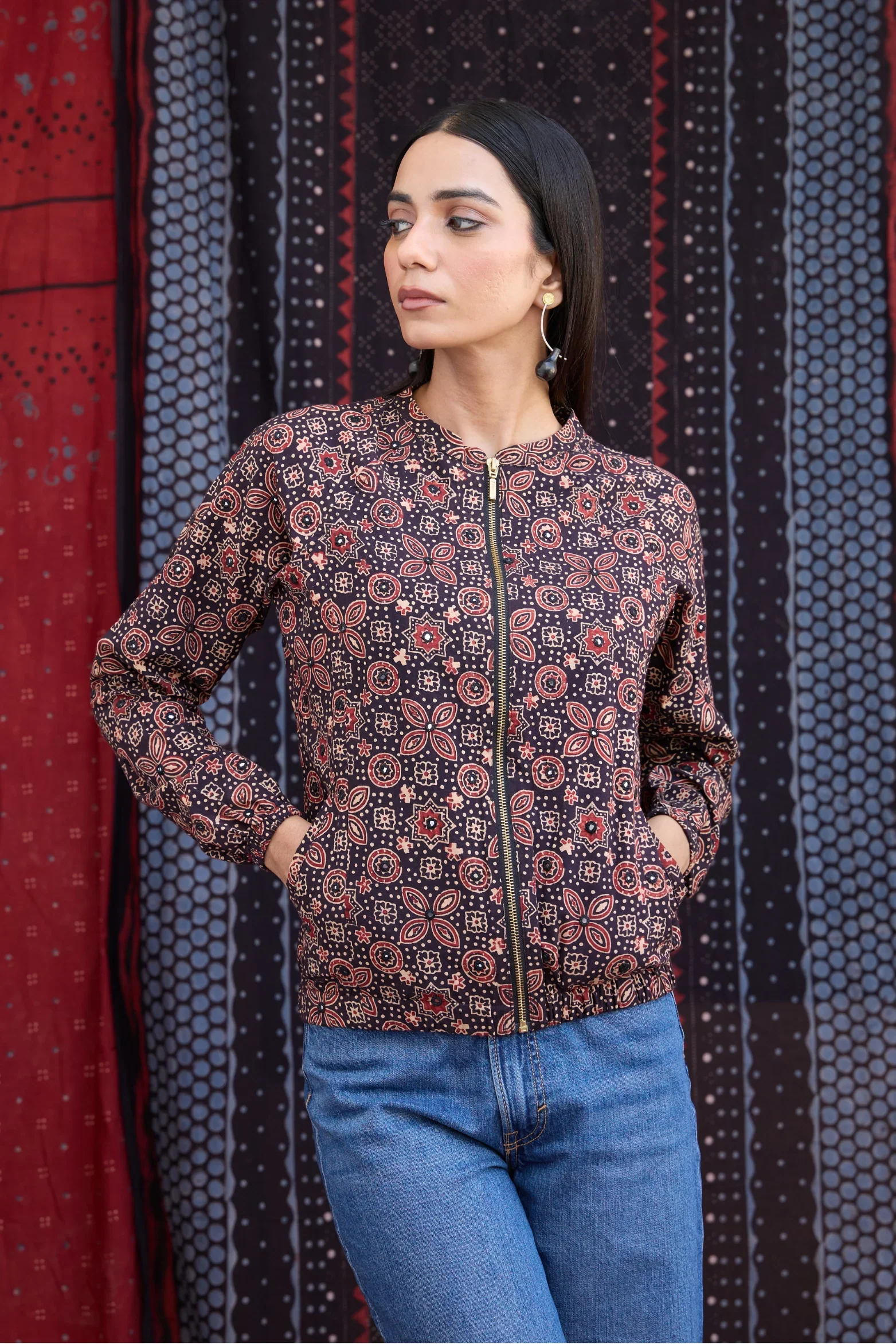 Okhai 'Raisin' Pure Cotton Ajrakh Handblock Printed Bomber Jacket - Image 5