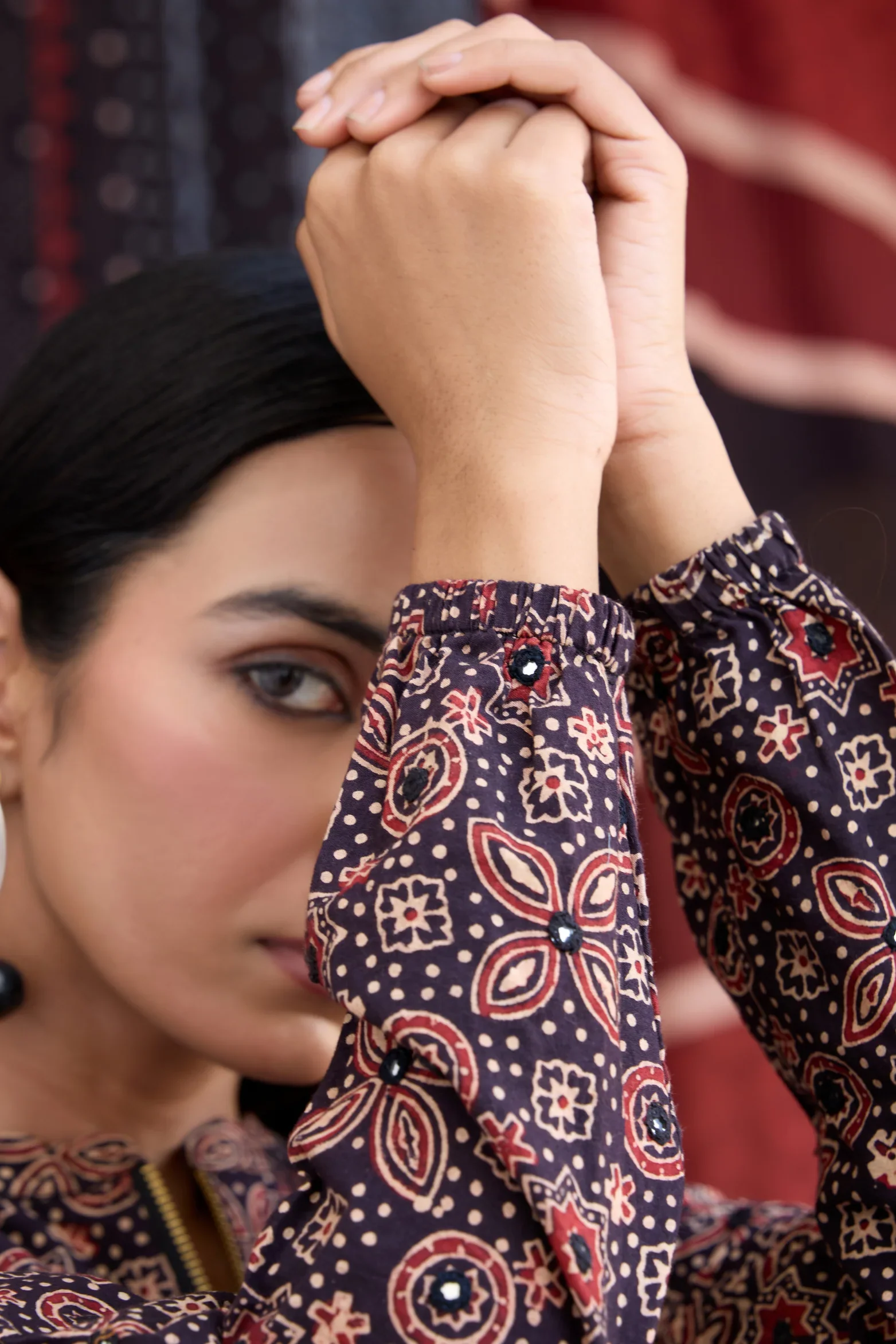 Okhai 'Raisin' Pure Cotton Ajrakh Handblock Printed Bomber Jacket - Image 6