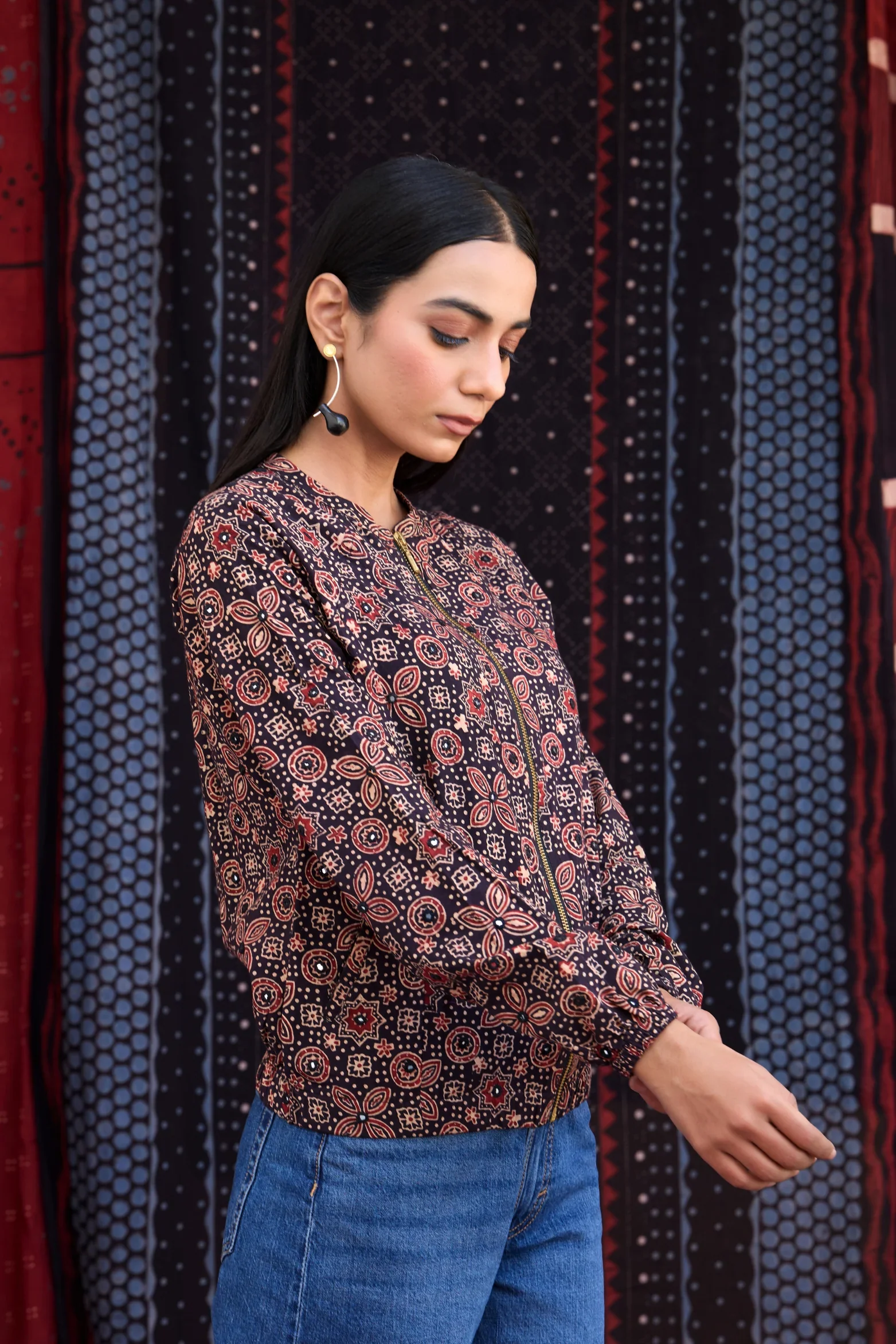 Okhai 'Raisin' Pure Cotton Ajrakh Handblock Printed Bomber Jacket - Image 7