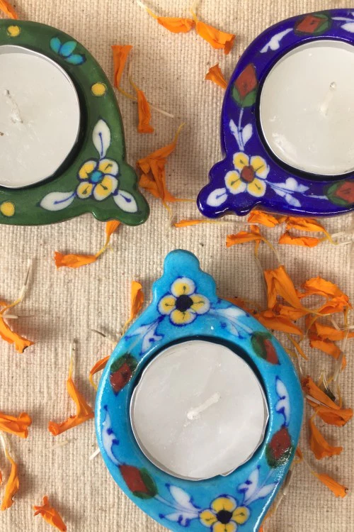 Ram Gopal Blue Pottery Handcrafted 'Blue Bell Diya T-Candles ' Blue Green Yellow - Image 3