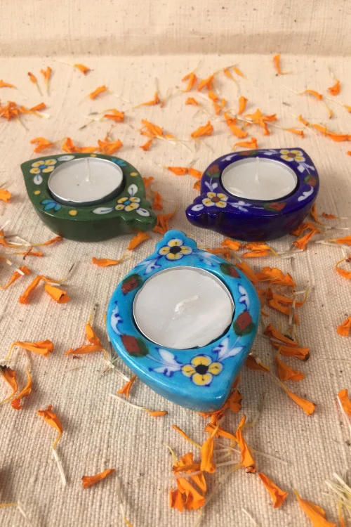 Ram Gopal Blue Pottery Handcrafted 'Blue Bell Diya T-Candles ' Blue Green Yellow - Image 4