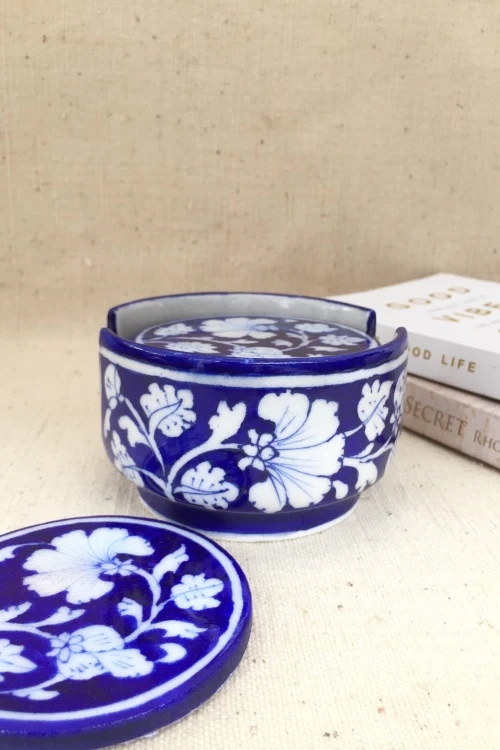 Ram Gopal Blue Pottery Handcrafted ' Coaster Set ' Blue, White - Image 3