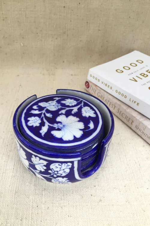 Ram Gopal Blue Pottery Handcrafted ' Coaster Set ' Blue, White - Image 4