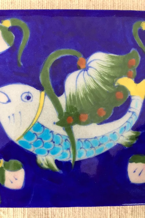 Ram Gopal Blue Pottery Handcrafted 'Fish Tile ' Blue Green (Set of 2) - Image 2