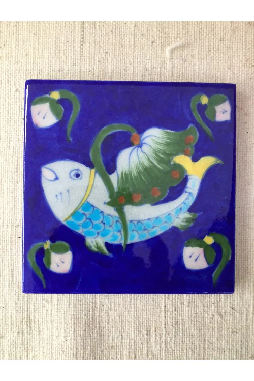 Ram Gopal Blue Pottery Handcrafted 'Fish Tile ' Blue Green (Set of 2) - Image 3
