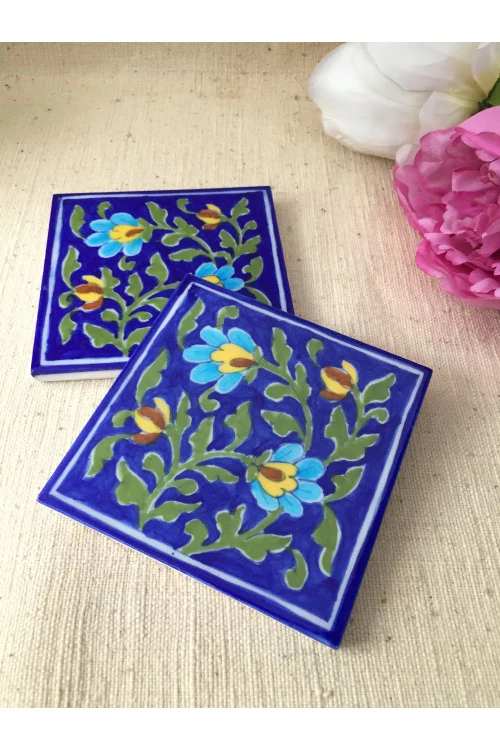 Ram Gopal Blue Pottery Handcrafted 'Flower Tile ' Blue Green (Set of 2) - Image 3