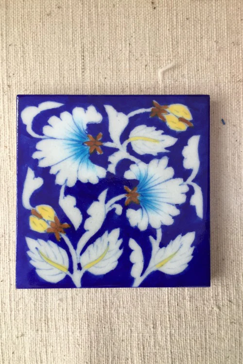 Ram Gopal Blue Pottery Handcrafted 'Flower Tile ' Blue White (Set of 2) - Image 2