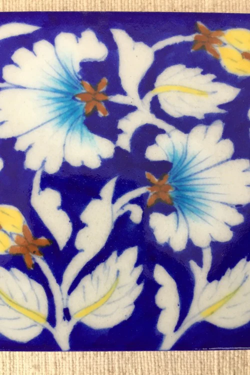 Ram Gopal Blue Pottery Handcrafted 'Flower Tile ' Blue White (Set of 2) - Image 3