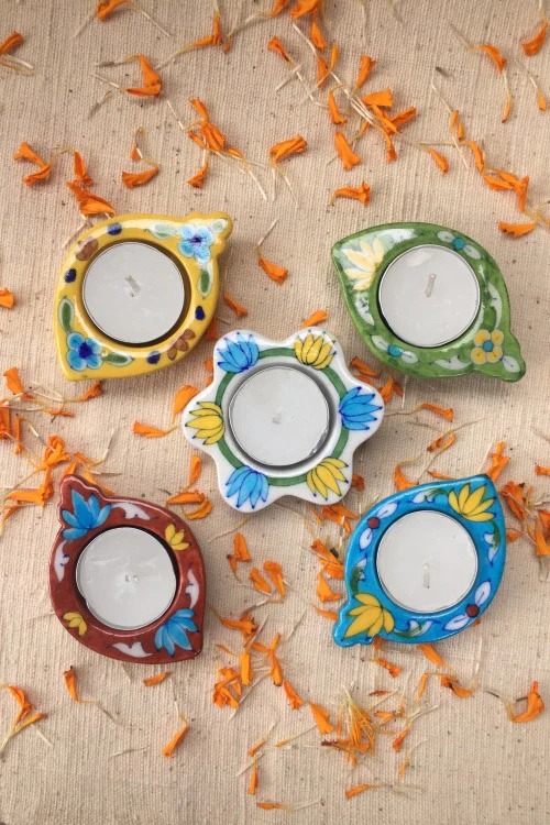 Ram Gopal Blue Pottery Handcrafted 'Kairi Diya T-Candles ' Blue Red Yellow Green White - Image 2