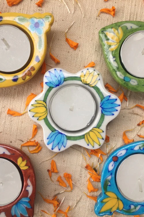Ram Gopal Blue Pottery Handcrafted 'Kairi Diya T-Candles ' Blue Red Yellow Green White - Image 3