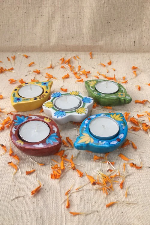 Ram Gopal Blue Pottery Handcrafted 'Kairi Diya T-Candles ' Blue Red Yellow Green White - Image 4