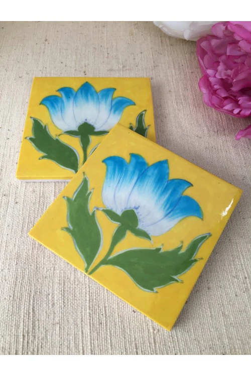 Ram Gopal Blue Pottery Handcrafted 'LotusTile ' Green Yellow (Set of 2) - Image 3