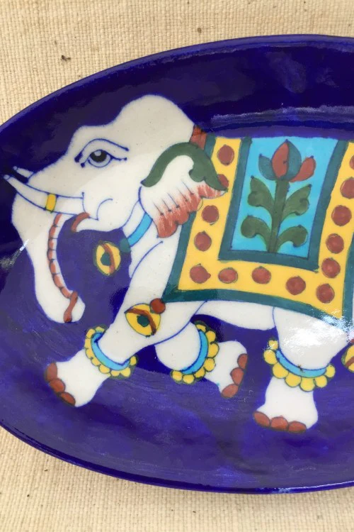 Ram Gopal Blue Pottery Handcrafted 'Oval Elephant Plate' With Stand Blue White - Image 2