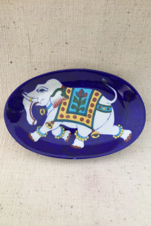 Ram Gopal Blue Pottery Handcrafted 'Oval Elephant Plate' With Stand Blue White - Image 3
