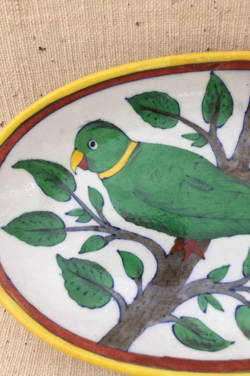 Ram Gopal Blue Pottery Handcrafted 'Oval Parrot Plate ' With Stand Green White - Image 3