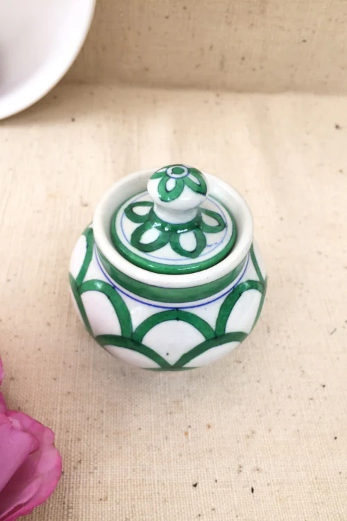 Ram Gopal Blue Pottery Handcrafted 'Sugar Pot ' Green White Jar - Image 2