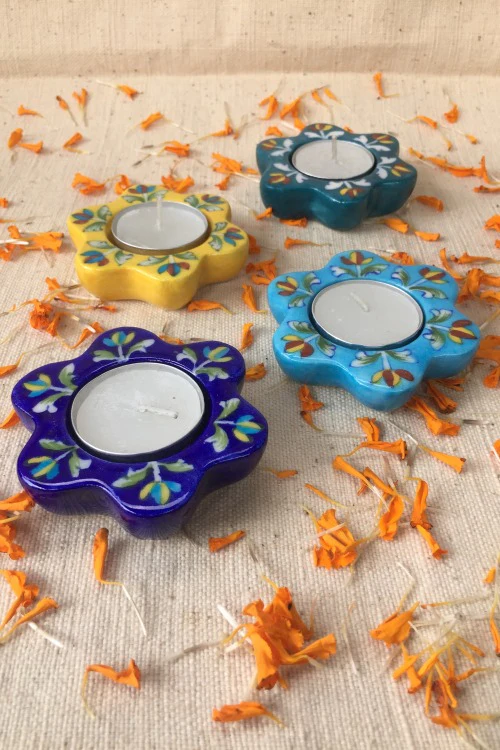 Ram Gopal Blue Pottery Handcrafted 'Sunflower Diya T-Candles ' Blue Green Yellow - Image 2