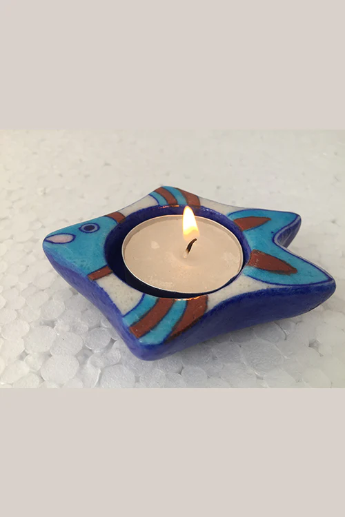 Ram Gopal Blue Pottery Handcrafted "T-Candles" Blue Fish Candle Stand  (Set Of 2)-26