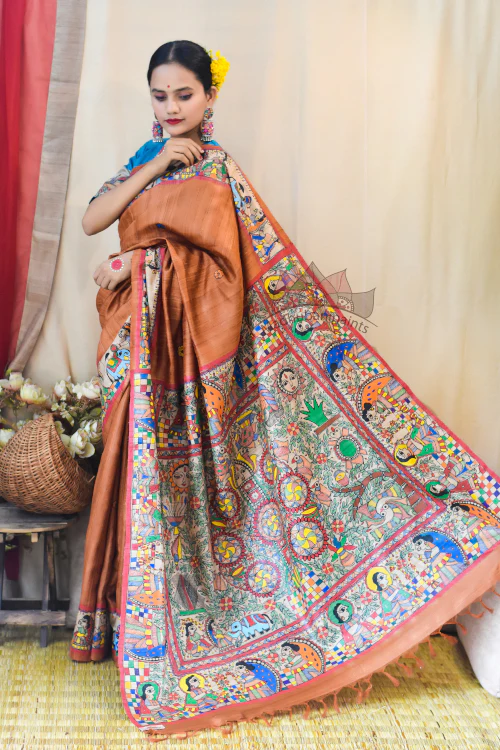 Madhubani Paints Handpainted Madhubani 'Ramayana' Rust Orange Tussar Silk Saree - Image 2