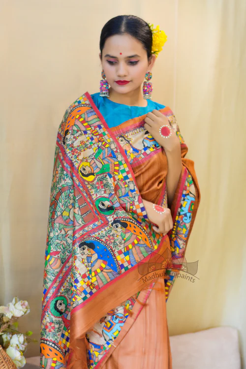 Madhubani Paints Handpainted Madhubani 'Ramayana' Rust Orange Tussar Silk Saree - Image 3