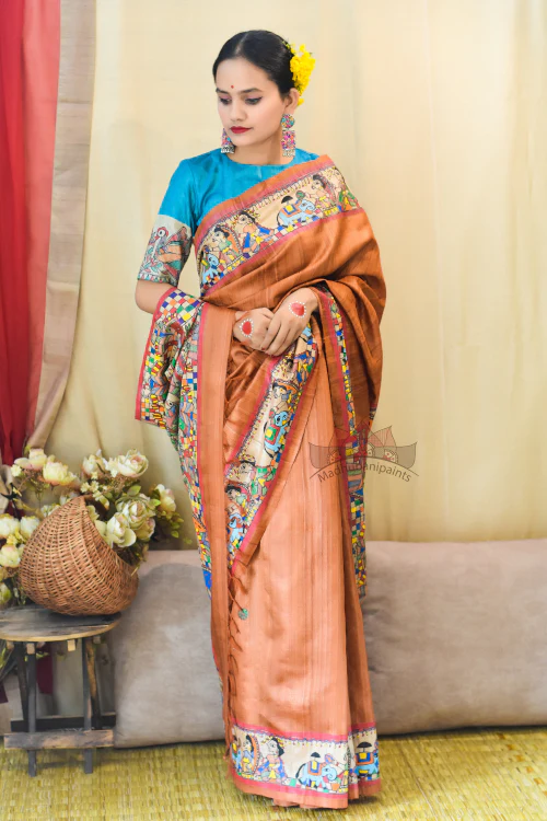 Madhubani Paints Handpainted Madhubani 'Ramayana' Rust Orange Tussar Silk Saree - Image 4