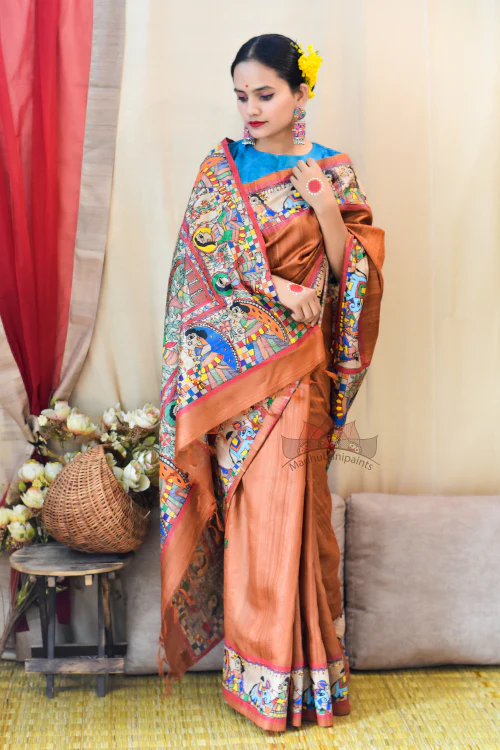 Madhubani Paints Handpainted Madhubani 'Ramayana' Rust Orange Tussar Silk Saree - Image 5