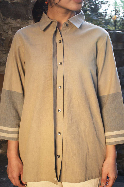 Rangsutra Akriti Beige Handwoven Extra-Weft Collared Shirt - Image 3