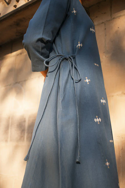 Rangsutra Akriti Blue Handwoven Extra-Weft V Neck Dress - Image 2