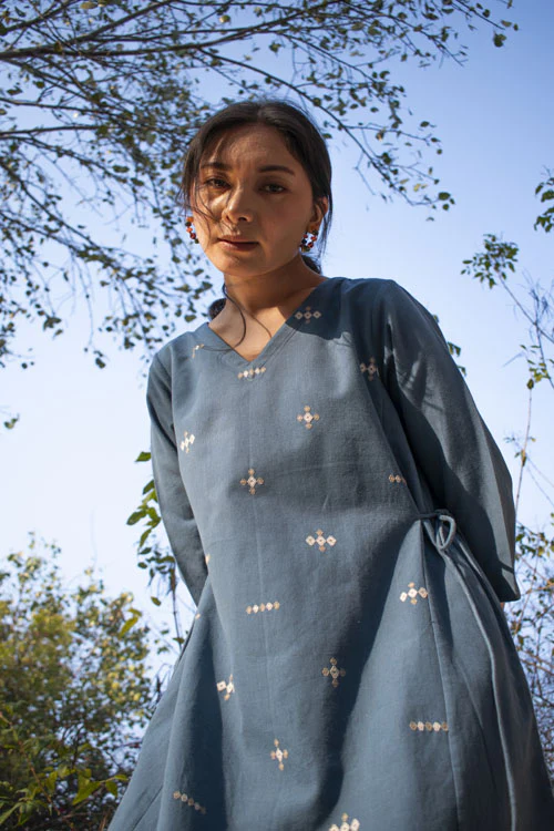 Rangsutra Akriti Blue Handwoven Extra-Weft V Neck Dress - Image 3