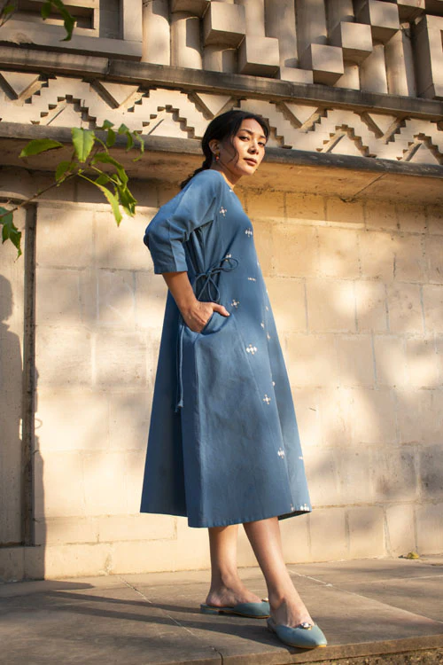 Rangsutra Akriti Blue Handwoven Extra-Weft V Neck Dress - Image 4