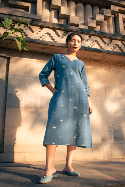 Rangsutra Akriti Blue Handwoven Extra-Weft V Neck Dress - Image 5