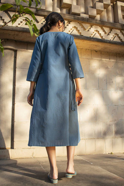 Rangsutra Akriti Blue Handwoven Extra-Weft V Neck Dress - Image 6