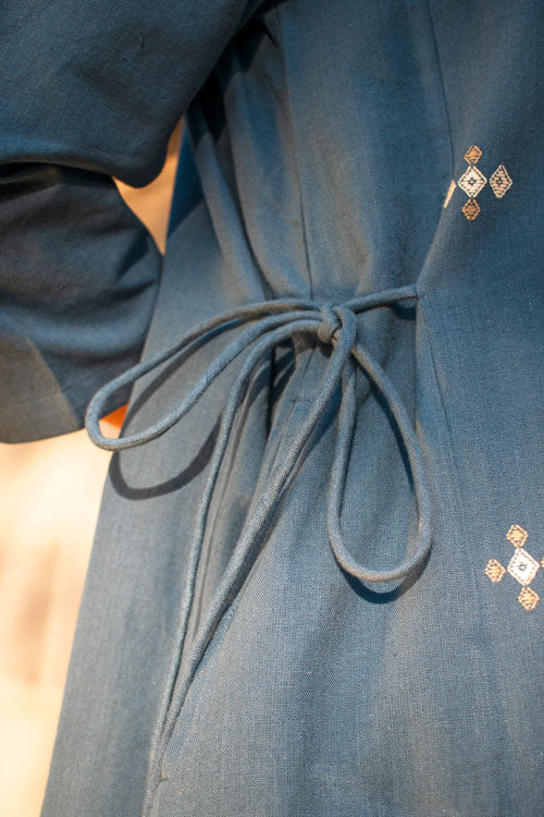 Rangsutra Akriti Blue Handwoven Extra-Weft V Neck Dress - Image 7