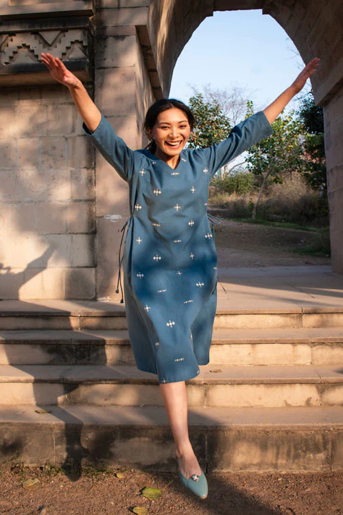 Rangsutra Akriti Blue Handwoven Extra-Weft V Neck Dress - Image 8