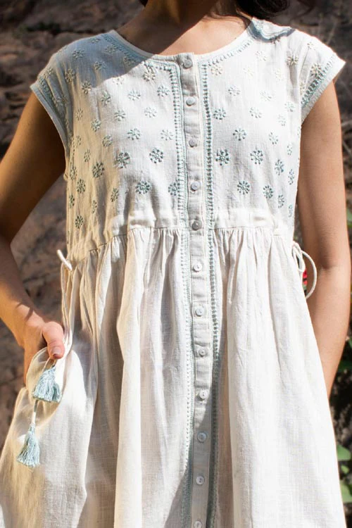 Rangsutra Avani Chikankari Off White Pure Cotton Sleeveless Dress - Image 2