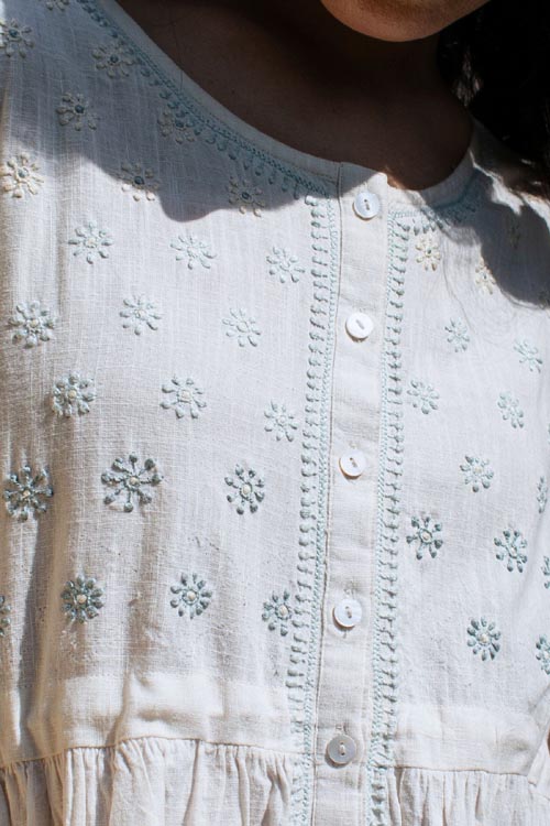 Rangsutra Avani Chikankari Off White Pure Cotton Sleeveless Dress - Image 3