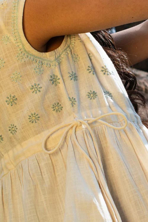 Rangsutra Avani Chikankari Off White Pure Cotton Sleeveless Dress - Image 4