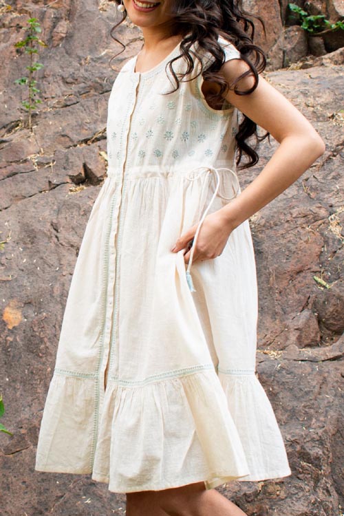 Rangsutra Avani Chikankari Off White Pure Cotton Sleeveless Dress - Image 5
