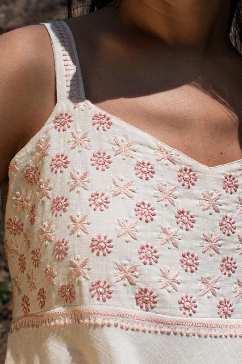 Rangsutra Avani Chikankari Off White Pure Cotton Strappy Dress - Image 2