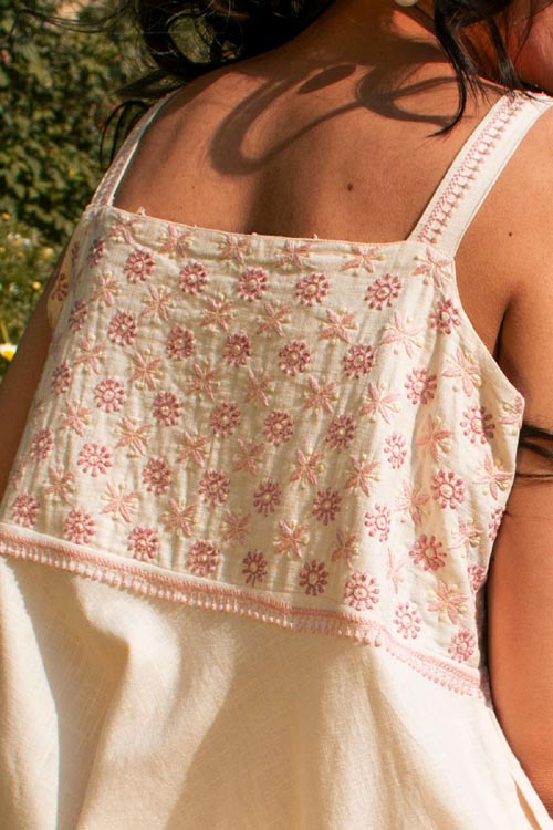 Rangsutra Avani Chikankari Off White Pure Cotton Strappy Dress - Image 3