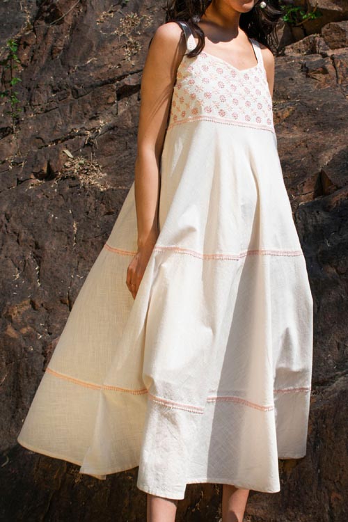 Rangsutra Avani Chikankari Off White Pure Cotton Strappy Dress - Image 5