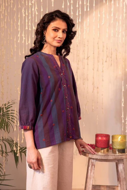 Rangsutra Haveli Applique And Kaanch Purple Hand Embroidered Top - Image 4