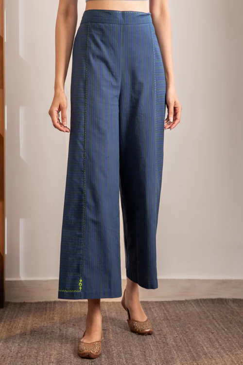 Rangsutra Haveli Blue Striped Handwoven And Hand Embroidered Cotton Palazzo