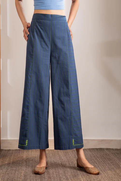 Rangsutra Haveli Blue Striped Handwoven And Hand Embroidered Cotton Palazzo - Image 3