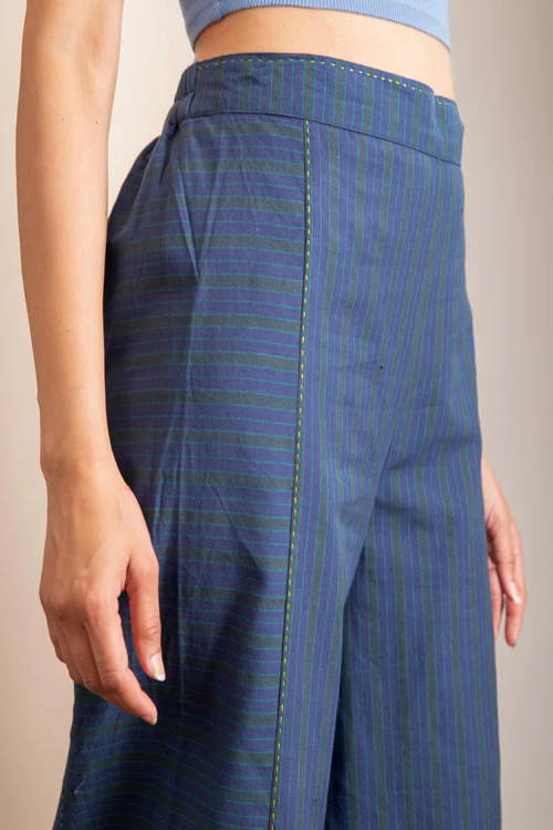 Rangsutra Haveli Blue Striped Handwoven And Hand Embroidered Cotton Palazzo - Image 4